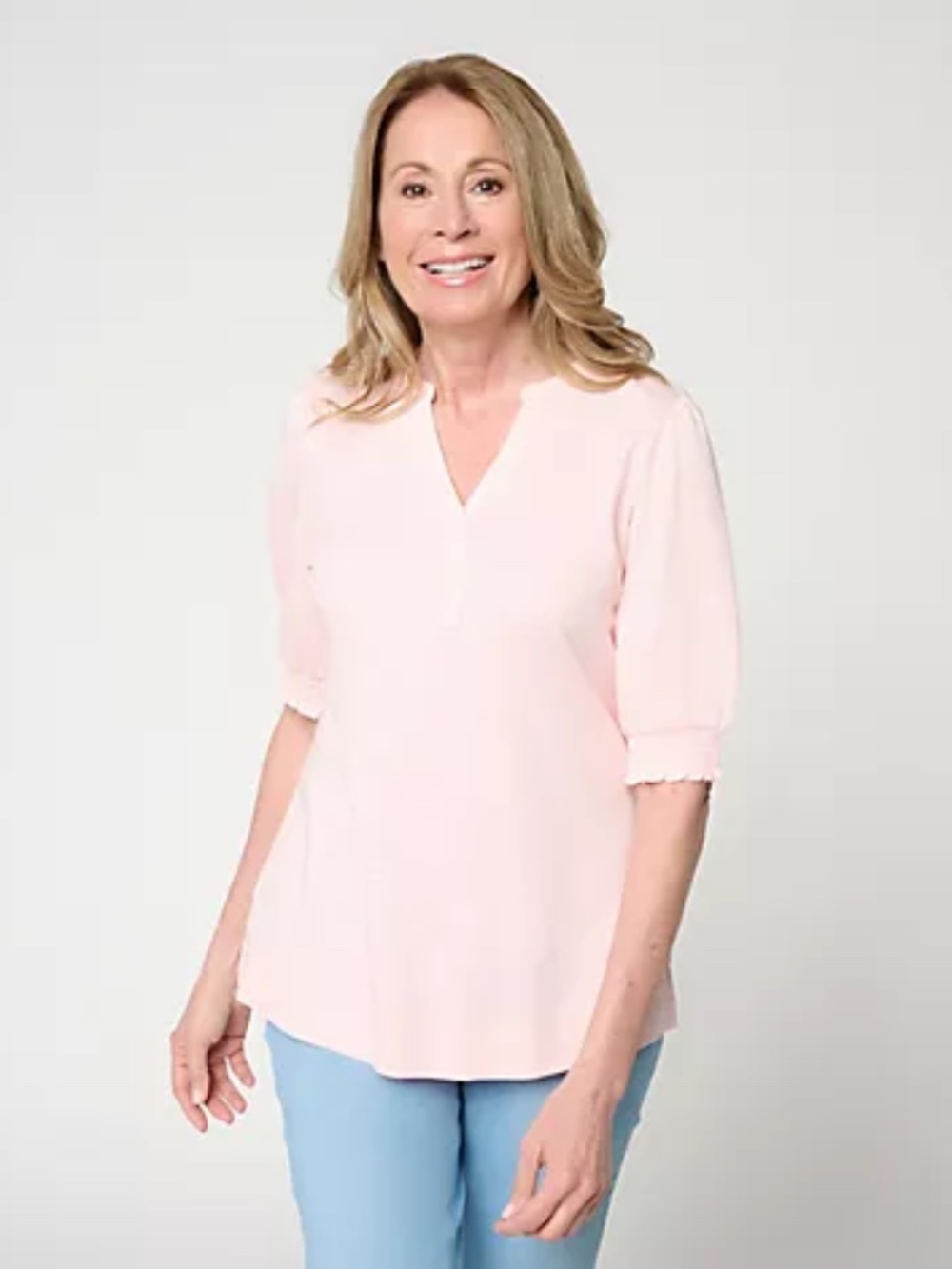 Belle by Kim Gravel Slub Knit Baby Blouson Elbow Sleeve Top, Pink Sz M a723973